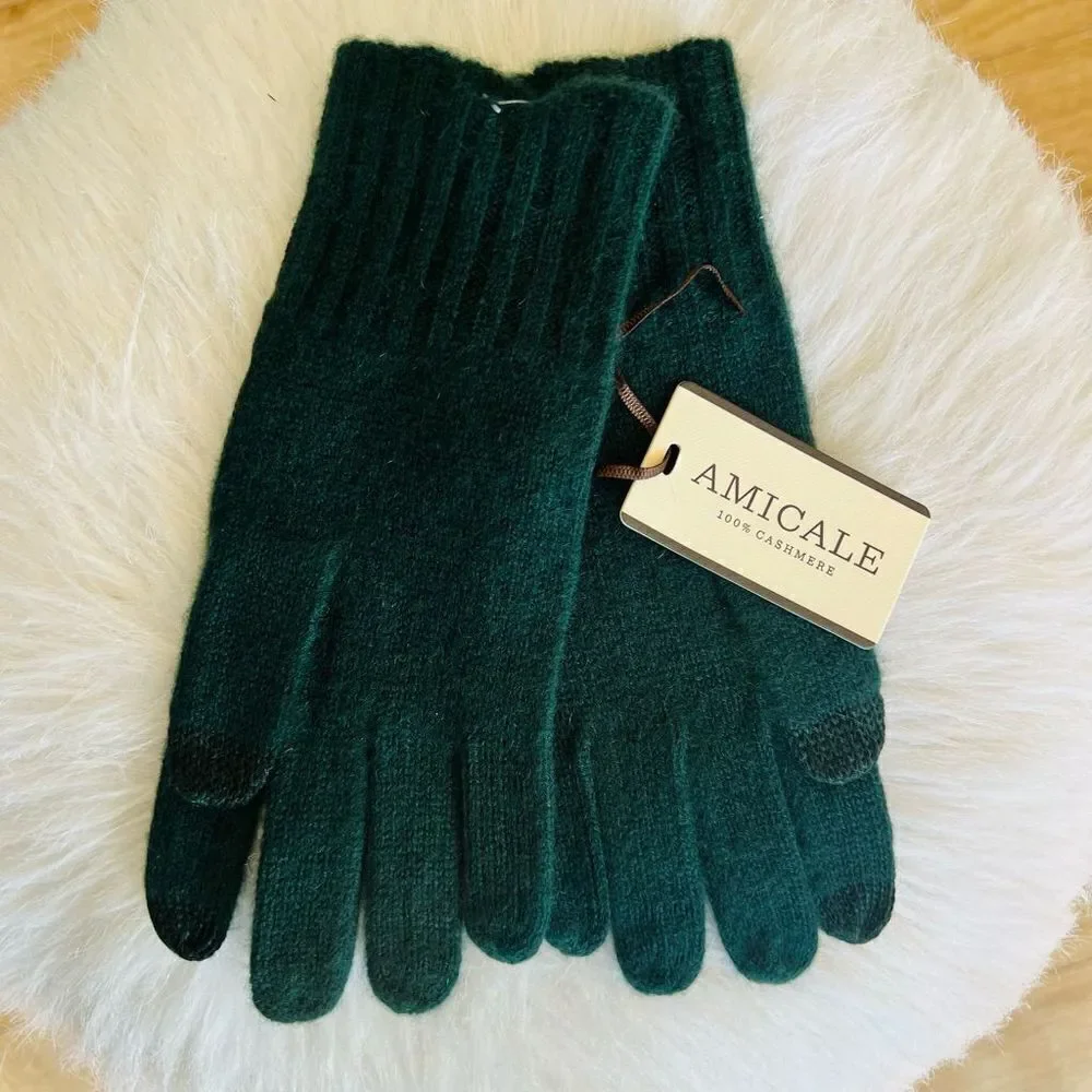 AMICALE Cashmere Touch Screen Tech Knit Gloves, Luxurious, 100%, Dark Green, NWT
